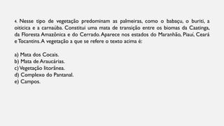 4. Nesse tipo de vegetação predominam as palmeiras, como o babaçu, o buriti, a
oiticica e a carnaúba. Constitui uma mata de transição entre os biomas da Caatinga,
da Floresta Amazônica e do Cerrado.Aparece nos estados do Maranhão, Piauí, Ceará
e Tocantins.A vegetação a que se refere o texto acima é:
a) Mata dos Cocais.
b) Mata de Araucárias.
c)Vegetação litorânea.
d) Complexo do Pantanal.
e) Campos.
 