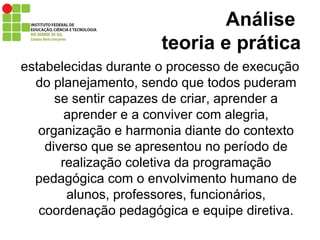 Análise    teoria e prática estabelecidas durante o processo de execução do planejamento, sendo que todos puderam se sentir capazes de criar, aprender a aprender e a conviver com alegria, organização e harmonia diante do contexto diverso que se apresentou no período de realização coletiva da programação pedagógica com o envolvimento humano de alunos, professores, funcionários, coordenação pedagógica e equipe diretiva. 