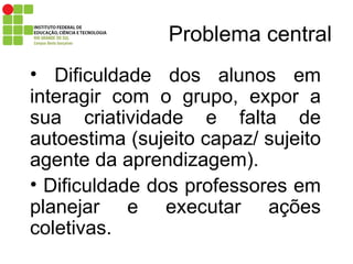 Dificuldade dos alunos em interagir com o grupo, expor a sua criatividade e falta de autoestima (sujeito capaz/ sujeito agente da aprendizagem). Dificuldade dos professores em planejar e executar ações coletivas.  Problema central 