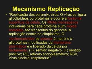 Mecanismo Replicação 
• "Replicação dos paramixovírus. O vírus se liga a 
glicolipídeos ou proteínas e ocorre a fusão na 
superfície da célula. Os RNAs mensageiros 
individuais para cada proteína e um molde 
completo são transcritos do genoma. A 
replicação ocorre no citoplasma. O 
nucleocapsídeo se associa à matriz e a 
gliproteínas modificadas da membrana 
plasmática e é liberado da célula por 
brotamento. (−), sentido negativo; (+) sentido 
positivo; RE, retículo endoplasmático; RSV, 
vírus sincicial respiratório." 
 