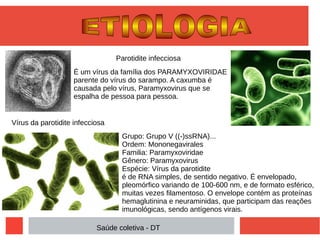Grupo: Grupo V ((-)ssRNA)...
Ordem: Mononegavirales
Familia: Paramyxoviridae
Gênero: Paramyxovirus
Espécie: Vírus da parotidite
é de RNA simples, de sentido negativo. É envelopado,
pleomórfico variando de 100-600 nm, e de formato esférico,
muitas vezes filamentoso. O envelope contém as proteínas
hemaglutinina e neuraminidas, que participam das reações
imunológicas, sendo antígenos virais.
É um vírus da família dos PARAMYXOVIRIDAE
parente do vírus do sarampo. A caxumba é
causada pelo vírus, Paramyxovirus que se
espalha de pessoa para pessoa.
Saúde coletiva - DT
Vírus da parotidite infecciosa
Parotidite infecciosa
 