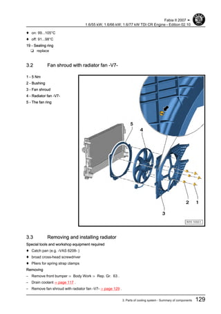 ♦ on: 99...105°C
♦ off: 91...98°C
19 - Sealing ring
❑ replace
3.2 Fan shroud with radiator fan -V7-
1 - 5 Nm
2 - Bushing
3 - Fan shroud
4 - Radiator fan -V7-
5 - The fan ring
3.3 Removing and installing radiator
Special tools and workshop equipment required
♦ Catch pan (e.g. -VAS 6208- )
♦ broad cross-head screwdriver
♦ Pliers for spring strap clamps
Removing
– Remove front bumper ⇒ Body Work ⇒ Rep. Gr. 63 .
– Drain coolant ⇒ page 117 .
– Remove fan shroud with radiator fan -V7- ⇒ page 129 .
Fabia II 2007 ➤
1.6/55 kW; 1.6/66 kW; 1.6/77 kW TDI CR Engine - Edition 02.10
3. Parts of cooling system - Summary of components 129
 