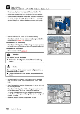 – Disconnect plug from thermo-switch for radiator fan -F18- .
– Detach top coolant hose from connection fitting of radiator.
– Remove the holder for the windscreen washer fluid reservoir.
To do so, press in the catch -direction of arrow 1- and at the
same time push the bracket upwards -direction of arrow 2-.
– Release right and left screw -2- for radiator bearing.
– Push the radiator to the rear and remove the right and left ra‐
diator bearing ( ⇒ page 128 , position 8).
Vehicles without air conditioning
– Push the radiator together with the charge air cooler upwards
out of the lower rubber bearings and remove it laterally down.
Vehicles with air conditioning
– Remove V-ribbed belt ⇒ page 24 .
WARNING
Risk of injury through refrigerant.
♦ Do not open the refrigerant circuit of the air conditioning
system.
Caution
Risk of damaging the condenser and the refrigerant lines as
well as the refrigerant hoses.
♦ Do not over-tension, buckle or bend refrigerant lines and
hoses.
– Remove the AC compressor from the bracket for auxiliary
units and secure it with connected refrigerant hoses to the
body.
– Mark the installation position of the screws -1- on the right and
left and only slacken.
– Push the radiator together with the charge air cooler and the
condensor upwards out of the lower rubber bearings.
To do so, pull the plastic housing of the lock carrier down‐
wards. There is little space on the right between the refrigerant
line and the body.
– Place the radiator with the condensor to the rear.
Fabia II 2007 ➤
1.6/55 kW; 1.6/66 kW; 1.6/77 kW TDI CR Engine - Edition 02.10
130 Rep. Gr.19 - Cooling
 