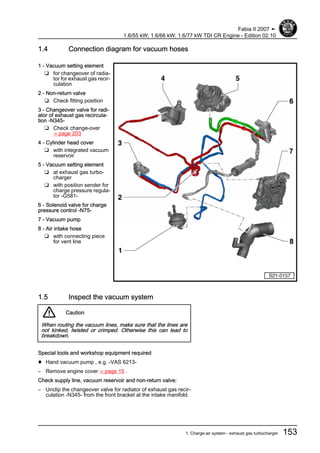 1.4 Connection diagram for vacuum hoses
1 - Vacuum setting element
❑ for changeover of radia‐
tor for exhaust gas recir‐
culation
2 - Non-return valve
❑ Check fitting position
3 - Changeover valve for radi‐
ator of exhaust gas recircula‐
tion -N345-
❑ Check change-over
⇒ page 203
4 - Cylinder head cover
❑ with integrated vacuum
reservoir
5 - Vacuum setting element
❑ at exhaust gas turbo‐
charger
❑ with position sender for
charge pressure regula‐
tor -G581-
6 - Solenoid valve for charge
pressure control -N75-
7 - Vacuum pump
8 - Air intake hose
❑ with connecting piece
for vent line
1.5 Inspect the vacuum system
Caution
When routing the vacuum lines, make sure that the lines are
not kinked, twisted or crimped. Otherwise this can lead to
breakdown.
Special tools and workshop equipment required
♦ Hand vacuum pump , e.g. -VAS 6213-
– Remove engine cover ⇒ page 15 .
Check supply line, vacuum reservoir and non-return valve:
– Unclip the changeover valve for radiator of exhaust gas recir‐
culation -N345- from the front bracket at the intake manifold.
Fabia II 2007 ➤
1.6/55 kW; 1.6/66 kW; 1.6/77 kW TDI CR Engine - Edition 02.10
1. Charge-air system - exhaust gas turbocharger 153
 