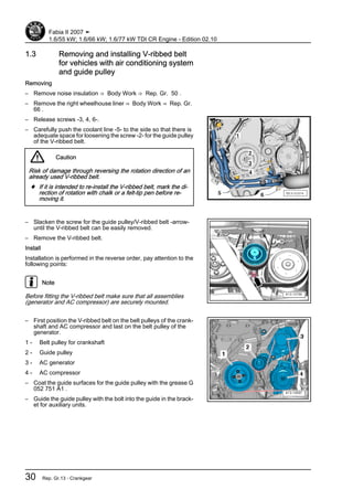 1.3 Removing and installing V-ribbed belt
for vehicles with air conditioning system
and guide pulley
Removing
– Remove noise insulation ⇒ Body Work ⇒ Rep. Gr. 50 .
– Remove the right wheelhouse liner ⇒ Body Work ⇒ Rep. Gr.
66 .
– Release screws -3, 4, 6-.
– Carefully push the coolant line -5- to the side so that there is
adequate space for loosening the screw -2- for the guide pulley
of the V-ribbed belt.
Caution
Risk of damage through reversing the rotation direction of an
already used V-ribbed belt.
♦ If it is intended to re-install the V-ribbed belt, mark the di‐
rection of rotation with chalk or a felt-tip pen before re‐
moving it.
– Slacken the screw for the guide pulley/V-ribbed belt -arrow-
until the V-ribbed belt can be easily removed.
– Remove the V-ribbed belt.
Install
Installation is performed in the reverse order, pay attention to the
following points:
Note
Before fitting the V-ribbed belt make sure that all assemblies
(generator and AC compressor) are securely mounted.
– First position the V-ribbed belt on the belt pulleys of the crank‐
shaft and AC compressor and last on the belt pulley of the
generator.
1 - Belt pulley for crankshaft
2 - Guide pulley
3 - AC generator
4 - AC compressor
– Coat the guide surfaces for the guide pulley with the grease G
052 751 A1 .
– Guide the guide pulley with the bolt into the guide in the brack‐
et for auxiliary units.
Fabia II 2007 ➤
1.6/55 kW; 1.6/66 kW; 1.6/77 kW TDI CR Engine - Edition 02.10
30 Rep. Gr.13 - Crankgear
 
