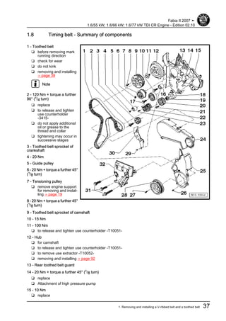 1.8 Timing belt - Summary of components
1 - Toothed belt
❑ before removing mark
running direction
❑ check for wear
❑ do not kink
❑ removing and installing
⇒ page 39
Note
2 - 120 Nm + torque a further
90° (1/4 turn)
❑ replace
❑ to release and tighten
use counterholder
-3415-
❑ do not apply additional
oil or grease to the
thread and collar
❑ tightening may occur in
successive stages
3 - Toothed belt sprocket of
crankshaft
4 - 20 Nm
5 - Guide pulley
6 - 20 Nm + torque a further 45°
(1/8 turn)
7 - Tensioning pulley
❑ remove engine support
for removing and instal‐
ling ⇒ page 19
8 - 20 Nm + torque a further 45°
(1/8 turn)
9 - Toothed belt sprocket of camshaft
10 - 15 Nm
11 - 100 Nm
❑ to release and tighten use counterholder -T10051-
12 - Hub
❑ for camshaft
❑ to release and tighten use counterholder -T10051-
❑ to remove use extractor -T10052-
❑ removing and installing ⇒ page 92
13 - Rear toothed belt guard
14 - 20 Nm + torque a further 45° (1/8 turn)
❑ replace
❑ Attachment of high pressure pump
15 - 10 Nm
❑ replace
Fabia II 2007 ➤
1.6/55 kW; 1.6/66 kW; 1.6/77 kW TDI CR Engine - Edition 02.10
1. Removing and installing a V-ribbed belt and a toothed belt 37
 