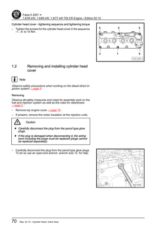 Cylinder head cover - tightening sequence and tightening torque
– Tighten the screws for the cylinder head cover in the sequence
-1…6- to 10 Nm.
1.2 Removing and installing cylinder head
cover
Note
Observe safety precautions when working on the diesel direct in‐
jection system ⇒ page 5 .
Removing
Observe all safety measures and notes for assembly work on the
fuel and injection system as well as the rules for cleanliness
⇒ page 2 .
– Remove top engine cover ⇒ page 15 .
– If present, remove the noise insulation at the injection units.
Caution
♦ Carefully disconnect the plug from the pencil type glow
plugs.
♦ If the plug is damaged when disconnecting it, the wiring
loom including the plugs must be replaced (plugs cannot
be replaced separately).
– Carefully disconnect the plug from the pencil type glow plugs.
To do so use an open-end wrench, wrench size 12, for help.
Fabia II 2007 ➤
1.6/55 kW; 1.6/66 kW; 1.6/77 kW TDI CR Engine - Edition 02.10
70 Rep. Gr.15 - Cylinder Head, Valve Gear
 