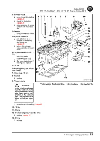 1 - Cylinder head
❑ removing and installing
⇒ page 76
❑ check for distortion
⇒ page 76
❑ after replacing fill entire
system with fresh cool‐
ant
2 - Washer
❑ for cylinder head screw
3 - Cylinder head bolt
❑ pay attention to se‐
quence for loosening
and tightening
⇒ page 76
❑ before fitting insert
washers in the cylinder
head
4 - Oil pressure switch -F1- - 22
Nm
❑ Marking: green
❑ 0.05 MPa (0.5 bar)
❑ Cut open gasket ring if
leaking and replace
5 - 20 Nm
6 - Rear left lifting eye on cyl‐
inder head?
7 - Glow plug - 18 Nm
8 - Gasket
❑ replace
9 - Vacuum pump
WARNING
Under no circumstances
must the vacuum pump
be disassembled, other‐
wise it can lead to mal‐
function of the vacuum
part. This will result in a
failure of the brake boos‐
ter.
❑ removing and installing ⇒ page 87
10 - 10 Nm
11 - Clamp
12 - Coolant temperature sender -G62-
❑ replace ⇒ page 121
13 - O-ring
❑ replace
Fabia II 2007 ➤
1.6/55 kW; 1.6/66 kW; 1.6/77 kW TDI CR Engine - Edition 02.10
1. Removing and installing cylinder head 75
Volkswagen Technical Site: http://vwts.ru http://vwts.info
 