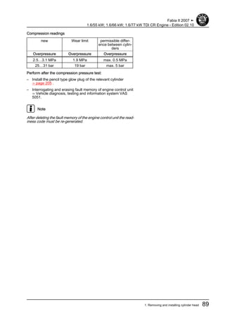 Compression readings
new Wear limit permissible differ‐
ence between cylin‐
ders
Overpressure Overpressure Overpressure
2.5…3.1 MPa 1.9 MPa max. 0.5 MPa
25…31 bar 19 bar max. 5 bar
Perform after the compression pressure test:
– Install the pencil type glow plug of the relevant cylinder
⇒ page 205 .
– Interrogating and erasing fault memory of engine control unit
⇒ Vehicle diagnosis, testing and information system VAS
5051.
Note
After deleting the fault memory of the engine control unit the read‐
iness code must be re-generated.
Fabia II 2007 ➤
1.6/55 kW; 1.6/66 kW; 1.6/77 kW TDI CR Engine - Edition 02.10
1. Removing and installing cylinder head 89
 