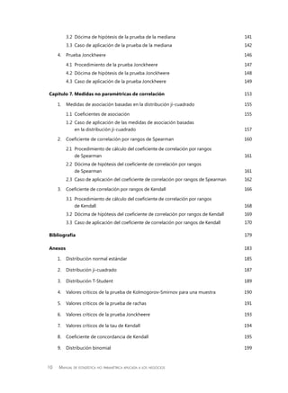 10 Manual de estadística no paramétrica aplicada a los negocios
3.2	 Dócima de hipótesis de la prueba de la mediana	 141
3.3	 Caso de aplicación de la prueba de la mediana	 142
4.	 Prueba Jonckheere	 146
4.1	 Procedimiento de la prueba Jonckheere	 147
4.2	 Dócima de hipótesis de la prueba Jonckheere	 148
4.3	 Caso de aplicación de la prueba Jonckheere	 149
Capítulo 7. Medidas no paramétricas de correlación	 153
1.	 Medidas de asociación basadas en la distribución ji-cuadrado	 155
1.1	 Coeficientes de asociación	 155
1.2	 Caso de aplicación de las medidas de asociación basadas
en la distribución ji-cuadrado	 157
2.	 Coeficiente de correlación por rangos de Spearman	 160
2.1	 Procedimiento de cálculo del coeficiente de correlación por rangos
de Spearman	 161
2.2	 Dócima de hipótesis del coeficiente de correlación por rangos
de Spearman	 161
2.3	 Caso de aplicación del coeficiente de correlación por rangos de Spearman	 162
3.	 Coeficiente de correlación por rangos de Kendall	 166
3.1	 Procedimiento de cálculo del coeficiente de correlación por rangos
de Kendall	 168
3.2	 Dócima de hipótesis del coeficiente de correlación por rangos de Kendall	 169
3.3	 Caso de aplicación del coeficiente de correlación por rangos de Kendall	 170
Bibliografía	 179
Anexos	 183
1.	 Distribución normal estándar	 185
2.	 Distribución ji-cuadrado	 187
3.	 Distribución T-Student	 189
4.	 Valores críticos de la prueba de Kolmogorov-Smirnov para una muestra	 190
5.	 Valores críticos de la prueba de rachas	 191
6.	 Valores críticos de la prueba Jonckheere	 193
7.	 Valores críticos de la tau de Kendall	 194
8.	 Coeficiente de concordancia de Kendall	 195
9.	 Distribución binomial	 199
 