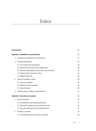 Índice 7
Índice
Introducción	 11
Capítulo 1. Estadística no paramétrica	 15
1.	 Concepto de estadística no paramétrica	 17
2.	 Pruebas de hipótesis	 17
2.1	 Formulación de las hipótesis	 18
2.2	 Determinación del nivel de significación	 20
2.3	 Elección del estadístico de prueba o de contraste	 22
2.4	 Determinación del valor crítico	 23
2.5	 Regla de decisión	 26
3.	 Tipos de variables y datos	 28
3.1	 Tipos de variables	 28
3.2	 Medición de las variables	 29
3.3	 Tipos de datos	 30
4.	 Ventajas de las pruebas no paramétricas	 31
Capítulo 2. Caso de una muestra	 33
1.	 Prueba binomial	 35
1.1	 Procedimiento de la prueba binomial	 35
1.2	 Dócima de hipótesis de la prueba binomial	 36
1.3	 Caso de aplicación de la prueba binomial	 37
2.	 Prueba ji-cuadrado	 39
2.1	 Procedimiento de la prueba ji-cuadrado	 40
 