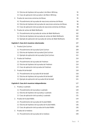 Índice 9
3.2	 Dócima de hipótesis de la prueba U de Mann-Whitney	 91
3.3	 Caso de aplicación de la prueba U de Mann-Whitney	 92
4.	 Prueba de reacciones extremas de Moses	 95
4.1	 Procedimiento de la prueba de reacciones extremas de Moses	 96
4.2	 Dócima de hipótesis de la prueba de reacciones extremas de Moses	 98
4.3	 Caso de aplicación de la prueba de reacciones extremas de Moses	 98
5.	 Prueba de rachas de Wald-Wolfowitz	 102
5.1	 Procedimiento de la prueba de rachas de Wald-Wolfowitz	 102
5.2	 Dócima de hipótesis de la prueba de rachas de Wald-Wolfowitz	 102
5.3	 Ejemplo de aplicación de la prueba de rachas de Wald-Wolfowitz	 103
Capítulo 5. Caso de k muestras relacionadas	 107
1.	 Prueba Q de Cochran	 109
1.1	 Procedimiento de la prueba Q de Cochran	 109
1.2	 Dócima de hipótesis de la prueba Q de Cochran	 110
1.3	 Ejemplo de aplicación de la prueba Q de Cochran	 111
2.	 Prueba de Friedman	 114
2.1	 Procedimiento de la prueba de Friedman	 114
2.2	 Dócima de hipótesis de la prueba de Friedman	 114
2.3	 Caso de aplicación de la prueba de Friedman	 115
3.	 Prueba W de Kendall	 118
3.1	 Procedimiento de la prueba W de Kendall	 118
3.2	 Dócima de hipótesis de la prueba W de Kendall	 120
3.3	 Ejemplo de aplicación de la prueba W de Kendall	 121
Capítulo 6. Caso de k muestras independientes	 127
1.	 Prueba ji-cuadrado	 129
1.1	 Procedimiento de la prueba ji-cuadrado	 130
1.2	 Dócima de hipótesis de la prueba ji-cuadrado	 131
1.3	 Caso de aplicación de la prueba ji-cuadrado	 131
2.	 Prueba de Kruskal-Wallis	 134
2.1	 Procedimiento de la prueba de Kruskal-Wallis	 135
2.2	 Dócima de hipótesis de la prueba de Kruskal-Wallis	 136
2.3	 Caso de aplicación de la prueba de Kruskal-Wallis	 136
3.	 Prueba de la mediana	 139
3.1	 Procedimiento de la prueba de la mediana	 140
 