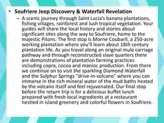 • Soufriere Jeep Discovery & Waterfall Revelation
– A scenic journey through Saint Lucia’s banana plantations,
fishing villages, rainforest and lush tropical vegetation. Your
guides will share the local history and stories about
significant sites along the way to Soufriere, home to the
majestic Pitons. The first stop is Morne Coubaril, a 250-acre
working plantation where you’ll learn about 18th century
plantation life. As you travel along an original mule carriage
pathway and through reconstructed slave quarters there
are demonstrations of plantation farming practices
including copra, cocoa and manioc production. From there
we continue on to visit the sparkling Diamond Waterfall
and the Sulphur Springs "drive-in-volcano" where you can
immerse in the rich mineral water of the mud baths heated
by the volcano itself and feel rejuvenated. Our final stop
before the return trip is for a delicious buffet lunch
prepared with fresh local ingredients at a restaurant
nestled in island greenery and colorful flowers in Soufriere.
 