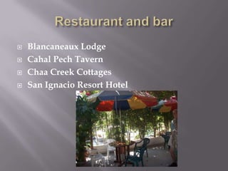    Blancaneaux Lodge
   Cahal Pech Tavern
   Chaa Creek Cottages
   San Ignacio Resort Hotel
 