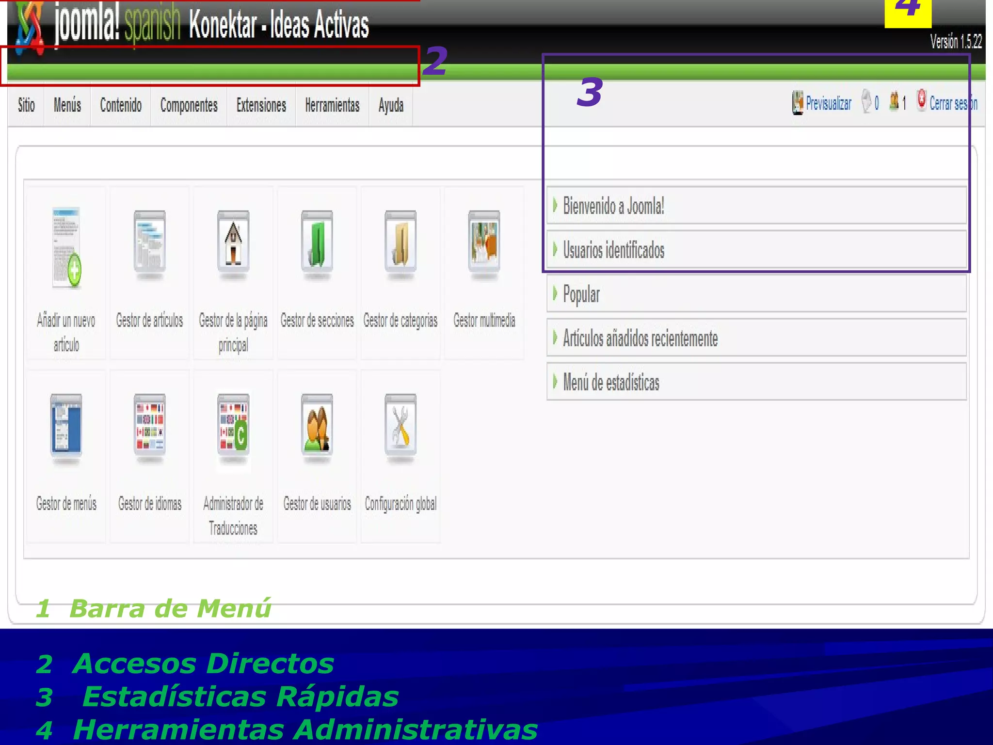 2
3
4
1 Barra de Menú
2 Accesos Directos
3 Estadísticas Rápidas
4 Herramientas Administrativas
 
