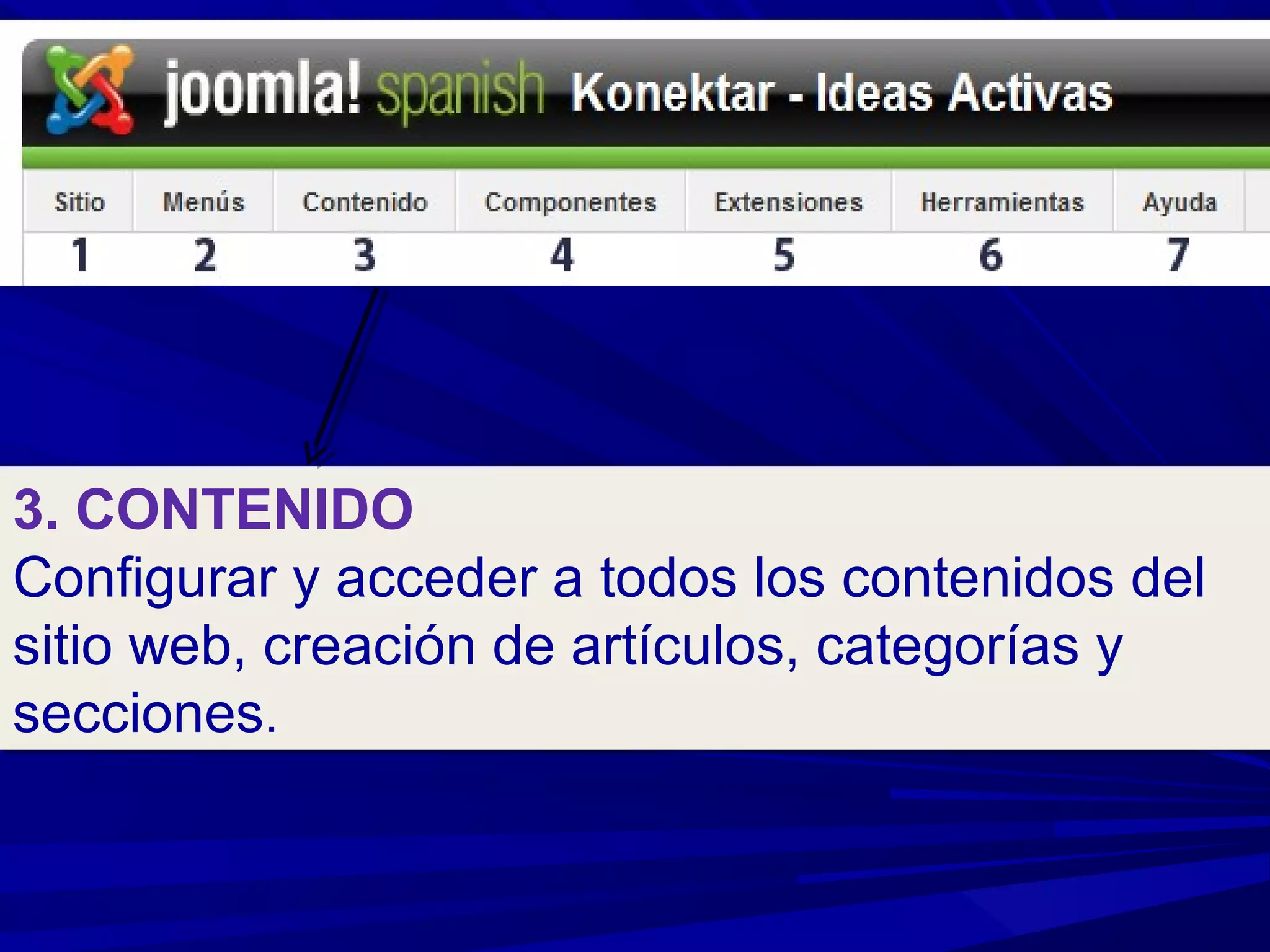 3. CONTENIDO
Configurar y acceder a todos los contenidos del
sitio web, creación de artículos, categorías y
secciones.
3. CONTENIDO
Configurar y acceder a todos los contenidos del
sitio web, creación de artículos, categorías y
secciones.
 