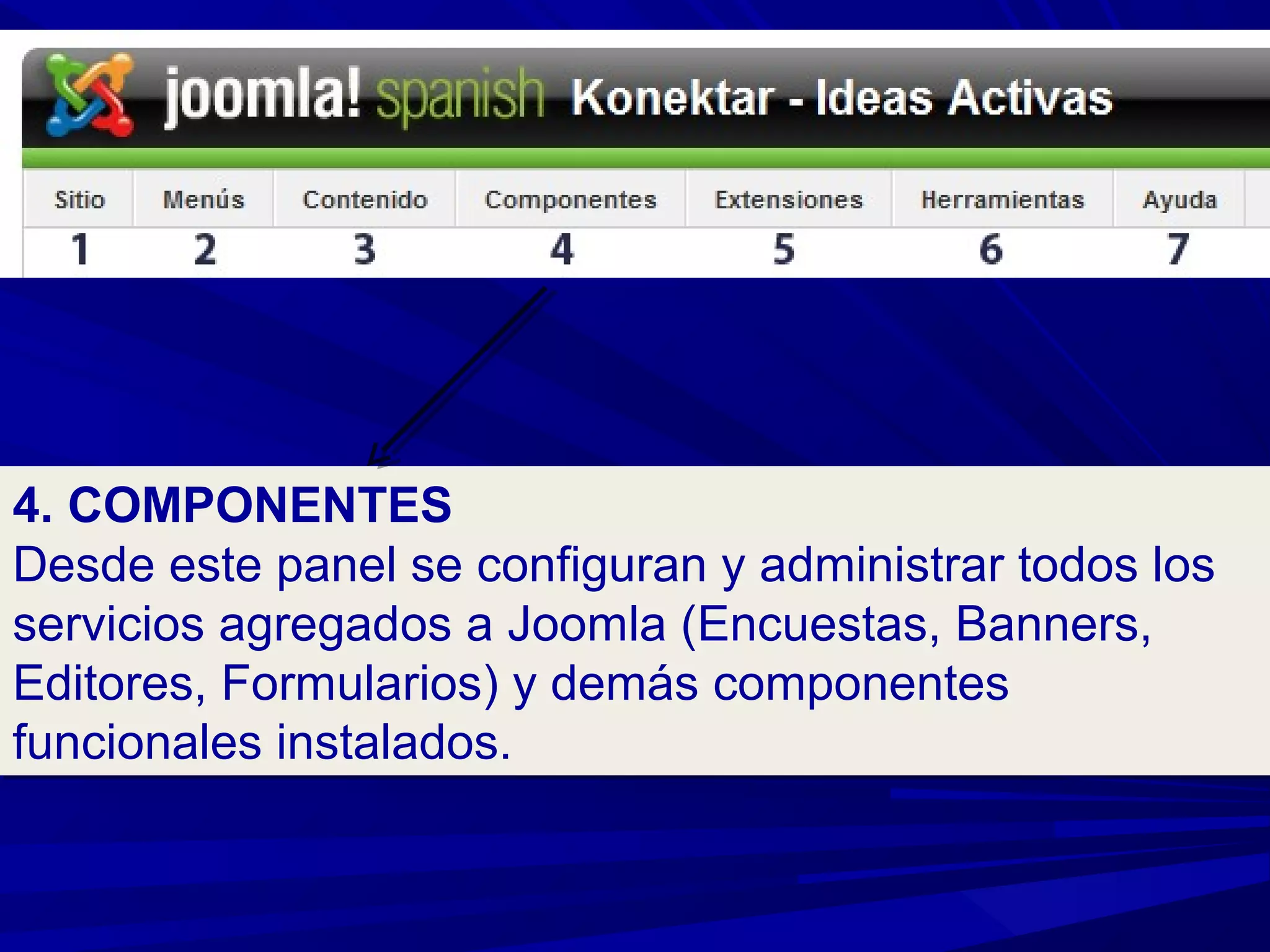 4. COMPONENTES
Desde este panel se configuran y administrar todos los
servicios agregados a Joomla (Encuestas, Banners,
Editores, Formularios) y demás componentes
funcionales instalados.
4. COMPONENTES
Desde este panel se configuran y administrar todos los
servicios agregados a Joomla (Encuestas, Banners,
Editores, Formularios) y demás componentes
funcionales instalados.
 