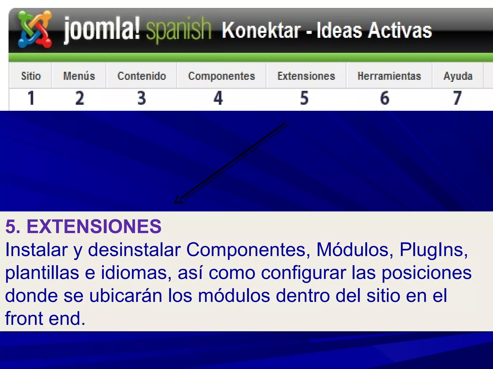 5. EXTENSIONES
Instalar y desinstalar Componentes, Módulos, PlugIns,
plantillas e idiomas, así como configurar las posiciones
donde se ubicarán los módulos dentro del sitio en el
front end.
5. EXTENSIONES
Instalar y desinstalar Componentes, Módulos, PlugIns,
plantillas e idiomas, así como configurar las posiciones
donde se ubicarán los módulos dentro del sitio en el
front end.
 