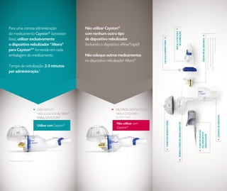 Para uma correta administração                                Não utilizar Cayston®




                                                                                                                                                bocal e válvula
                                                                                                                                                   de expiração
do medicamento Cayston® (aztreonam                            com nenhum outro tipo
lisina), utilizar exclusivamente                              de dispositivo nebulizador




                                                                                                                                                                                            gerador de aerossol
                                                                                                                                                                                                                     Deve ter um cuidado especial ao retirar esta
                                                                                                                                                                                                                       peça, pressionando sempre sobre as duas
                                                                                                                                                                                                                  linguetas de plástico flexíveis laterais sem tocar
                                                                                                                                                                                                                                             na membrana central
                                                                                                         válvula inspiratória
o dispositivo nebulizador “Altera®                            (incluindo o dispositivo eFlow®rapid)
para Cayston®” fornecido em cada
embalagem do medicamento.                                     Não coloque outros medicamentos
                                                              no dispositivo nebulizador Altera®
Tempo de nebulização: 2-3 minutos
por administração.1




                                      Dispositivo                                  Outros dispositivos
                                      nebulizador Altera®                          nebulizadores




                                                                                                                                                                                                                                                                       CÂMARA DE AEROSSOL
                                      para Cayston®                                (ex. eFlow®rapid)




                                                                                                                        TAMPA DO RESERVATÓRIO
                                                                                   Não utilizar com




                                                                                                                                                       RESERVATÓRIO DE MEDICAMENTOS
                                      Utilizar com Cayston®
                                                                                   Cayston®




                                                                                                                                                                                      CABO DE LIGAÇÃO
                                                                                                                                                                                      DO DISPOSITIVO
                                                                                                                                                                                      NEBULIZADOR
1. Folheto Informativo de Cayston®.
 