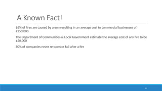 18
A Known Fact!
65% of fires are caused by arson resulting in an average cost to commercial businesses of
£250,000.
The Department of Communities & Local Government estimate the average cost of any fire to be
£30,000
80% of companies never re-open or fail after a fire
 