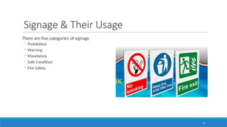 25
Signage & Their Usage
There are five categories of signage
◦ Prohibition
◦ Warning
◦ Mandatory
◦ Safe Condition
◦ Fire Safety
 