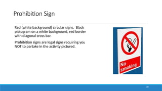 Prohibition Sign
Red (white background) circular signs. Black
pictogram on a white background, red border
with diagonal cross bar.
Prohibition signs are legal signs requiring you
NOT to partake in the activity pictured.
26
 