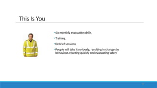 This Is You
•Six monthly evacuation drills
•Training
•Debrief sessions
•People will take it seriously, resulting in changes in
behaviour, reacting quickly and evacuating safely.
48
 