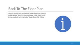 Back To The Floor Plan
On your floor plans, please now mark where you believe
smoke or heat detectors can be found. Also mark areas
where you believe there to be ‘Break Glass Call Points’
52
 