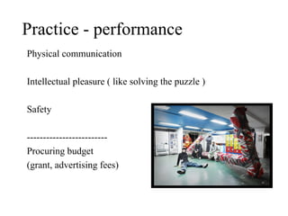 Practice - performance
Physical communication

Intellectual pleasure ( like solving the puzzle )

Safety

-------------------------
Procuring budget
(grant, advertising fees)
 