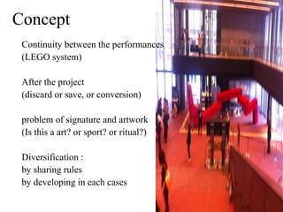 Concept
 Continuity between the performances
 (LEGO system)

 After the project
 (discard or save, or conversion)

 problem of signature and artwork
 (Is this a art? or sport? or ritual?)

 Diversification :
 by sharing rules
 by developing in each cases
 