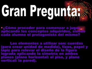 ¿Cómo proceder para comenzar a jugar, aplicando los conceptos adquiridos, siendo cada alumno el protagonista del mismo? Los elementos a utilizar son: cuerdas (para crear unidad de medida), tizas, papel y lápiz para relevar el diseño de la figura lograda aplicando la simetría en ambos planos (plano horizontal: el piso, y plano vertical: la pared).  Gran Pregunta: 