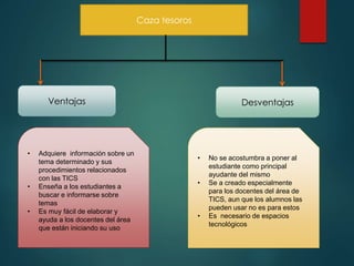 Caza tesoros
Ventajas
• Adquiere información sobre un
tema determinado y sus
procedimientos relacionados
con las TICS
• Enseña a los estudiantes a
buscar e informarse sobre
temas
• Es muy fácil de elaborar y
ayuda a los docentes del área
que están iniciando su uso
Desventajas
• No se acostumbra a poner al
estudiante como principal
ayudante del mismo
• Se a creado especialmente
para los docentes del área de
TICS, aun que los alumnos las
pueden usar no es para estos
• Es necesario de espacios
tecnológicos
 