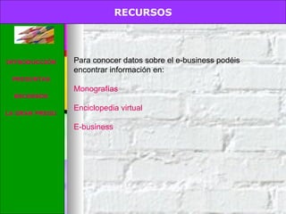 RECURSOS. Para conocer datos sobre el e-business podéis encontrar información en: Monografías Enciclopedia virtual E- business RECURSOS INTRODUCCIÓN PREGUNTAS RECURSOS LA GRAN PREGUNTA 