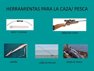HERRAMIENTAS PARA LA CAZA/ PESCA

ARCO Y FLECHAS

ARPÓN

ARMA DE FUEGO

CAÑA DE PESCAR

REDES DE PESCA

 