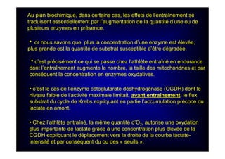 • Chez l’athlète entraîné, la même quantité d’O2, autorise une oxydation
plus importante de lactate grâce à une concentration plus élevée de la
CGDH expliquant le déplacement vers la droite de la courbe lactate-
intensité et par conséquent du ou des « seuils ».
Au plan biochimique, dans certains cas, les effets de l’entraînement se
traduisent essentiellement par l’augmentation de la quantité d’une ou de
plusieurs enzymes en présence.
h or nous savons que, plus la concentration d’une enzyme est élevée,
plus grande est la quantité de substrat susceptible d’être dégradée.
hc’est précisément ce qui se passe chez l’athlète entraîné en endurance
dont l’entraînement augmente le nombre, la taille des mitochondries et par
conséquent la concentration en enzymes oxydatives.
• c’est le cas de l’enzyme cétoglutarate déshydrogénase (CGDH) dont le
niveau faible de l’activité maximale limitait, avant entraînement, le flux
substrat du cycle de Krebs expliquant en partie l’accumulation précoce du
lactate en amont.
 