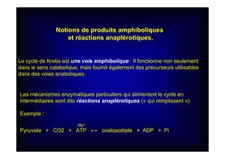 Notions de produits amphiboliques
et réactions anaplérotiques.
Le cycle de Krebs est une voie amphibolique : Il fonctionne non seulement
dans le sens catabolique, mais fournit également des précurseurs utilisables
dans des voies anaboliques.
Les mécanismes enzymatiques particuliers qui alimentent le cycle en
intermédiaires sont dits réactions anaplérotiques (« qui remplissent »)
Exemple :
Mg++
Pyruvate + CO2 + ATP ↔ oxaloacétate + ADP + Pi
 