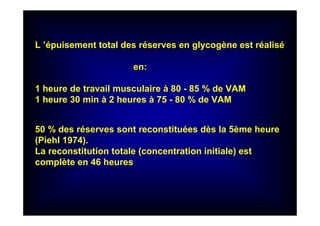 L ’épuisement total des réserves en glycogène est réalisé
en:
1 heure de travail musculaire à 80 - 85 % de VAM
1 heure 30 min à 2 heures à 75 - 80 % de VAM
50 % des réserves sont reconstituées dès la 5ème heure
(Piehl 1974).
La reconstitution totale (concentration initiale) est
complète en 46 heures
 