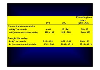 Phosphagènes
totaux
ATP PCr (ATP +CP)
Concentration musculaire
mM.kg
-1
de muscle 4 - 6 16 - 24 20 - 30
mM (masse musculaire totale) 128 - 192 512 - 768 640 - 960
Energie disponible
kJ.kg-1
de muscle 0.16 - 0.25 0.67 - 1.00 0.84 - 1.25
kJ (masse musculaire totale) 5.36 - 8.04 21.43 - 32.15 27.13 - 40.19
 