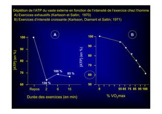 100 –
90 –
80 –
70 –
60 –
100 –
90 –
80 –
70 –
60 –
50 –I I I I
Repos 2 6 16
••
•
•
130 %
100 %
85 %
[ATP](en%)
[ATP](en%)
•
•
•
•
•
•
•
I I I I I I I I I I
0 55 65 75 85 95 100
Durée des exercices (en min) % VO2max
Déplétion de l’ATP du vaste externe en fonction de l’intensité de l’exercice chez l’homme
A) Exercices exhaustifs (Karlsson et Saltin; 1970)
B) Exercices d’intensité croissante (Karlsson, Diamant et Saltin; 1971)
A B
 