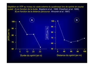 100 –
90 –
80 –
70 –
60 –
100 –
90 –
80 –
70 –
60 –
50 –I I I I
0 10 20 30
•
••
•
[ATP](en%)
[ATP](en%)
•
••
•
•
I I I I I
0 40 60 80 100
A B
Durée du sprint (en s) Distance du sprint (en m)
Déplétion en ATP au niveau du vaste externe du quadriceps lors de sprints en course
à pied : A) en fonction de la durée (Bogdanis et al., 1998; Cheetham et al. 1986).
B) en fonction de la distance parcourue (Hirvonen et al. 1987)
 