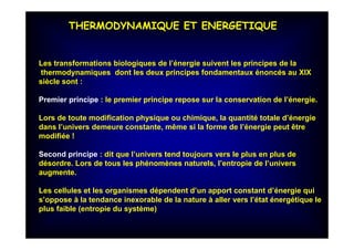 THERMODYNAMIQUE ET ENERGETIQUE
Les transformations biologiques de l’énergie suivent les principes de la
thermodynamiques dont les deux principes fondamentaux énoncés au XIX
siècle sont :
Premier principe : le premier principe repose sur la conservation de l’énergie.
Lors de toute modification physique ou chimique, la quantité totale d’énergie
dans l’univers demeure constante, même si la forme de l’énergie peut être
modifiée !
Second principe : dit que l’univers tend toujours vers le plus en plus de
désordre. Lors de tous les phénomènes naturels, l’entropie de l’univers
augmente.
Les cellules et les organismes dépendent d’un apport constant d’énergie qui
s’oppose à la tendance inexorable de la nature à aller vers l’état énergétique le
plus faible (entropie du système)
 
