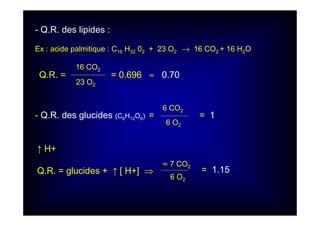 - Q.R. des glucides (C6H12O6) = = 1
6 CO2
6 O2
- Q.R. des lipides :
Ex : acide palmitique : C16 H32 02 + 23 O2 → 16 CO2 + 16 H2O
Q.R. = = 0.696 ≈ 0.70
16 CO2
23 O2
↑ H+
Q.R. = glucides + ↑ [ H+] ⇒
≈ 7 CO2
6 O2
= 1.15
 