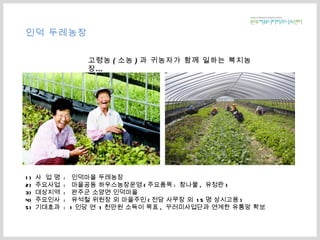 1)  사  업 명  :  인덕마을 두레농장 2)  주요사업  :  마을공동 하우스농장운영 ( 주요품목 :  참나물 ,  유정란 ) 3)  대상지역  :  완주군 소양면 인덕마을 4)  주요인사  :  유석철 위원장 외 마을주민 ( 전담 사무장 외  15 명 상시고용 ) 5)  기대효과  :  1 인당 연  1 천만원 소득이 목표 ,  꾸러미사업단과 연계한 유통망 확보 인덕 두레농장 고령농 ( 소농 ) 과 귀농자가 함께 일하는 복지농장… 