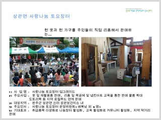 상관면 사랑나눔 토요장터 1)  사  업 명  :  사랑나눔 토요장터 업그레이드 2)  주요사업  :  옷 및 재활용품 판매 ,  리폼 및 목공예 및 냅킨아트 교육을 통한 판매 물품 확대   도토리묵 등 지역 로컬푸드 연계 판매 3)  대상지역  :  완주군 상관면 신리 상관보건지소 내 4)  주요인사  :  사랑나눔 토요장터 운영위원회 ( 배복남 외  8 명 ) 5)  기대효과  :  취급품목 다양화로 나눔장터 활성화 ,  교육 활성화로 커뮤니티 활성화 ,  지역 먹거리 판매 헌 옷과 헌 가구를 주민들이 직접 리폼해서 판매하는… 