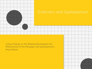 Endorsers and Spokesperson
4 Key Findings on the Relationship between the
Effectiveness of the Messages and Spokespersons
they feature.
 