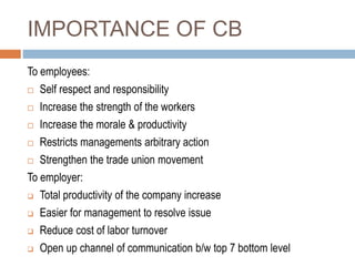 IMPORTANCE OF CB
To employees:
 Self respect and responsibility
 Increase the strength of the workers
 Increase the morale & productivity
 Restricts managements arbitrary action
 Strengthen the trade union movement
To employer:
 Total productivity of the company increase
 Easier for management to resolve issue
 Reduce cost of labor turnover
 Open up channel of communication b/w top 7 bottom level
 