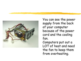 You can see the power
supply from the back
of your computer
because of the power
cord and the cooling
fan.
Computers put out a
LOT of heat and need
the fan to keep them
from overheating.
 