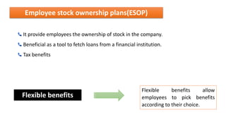 Employee stock ownership plans(ESOP)
It provide employees the ownership of stock in the company.
Beneficial as a tool to fetch loans from a financial institution.
Tax benefits
Flexible benefits allow
employees to pick benefits
according to their choice.
Flexible benefits
 