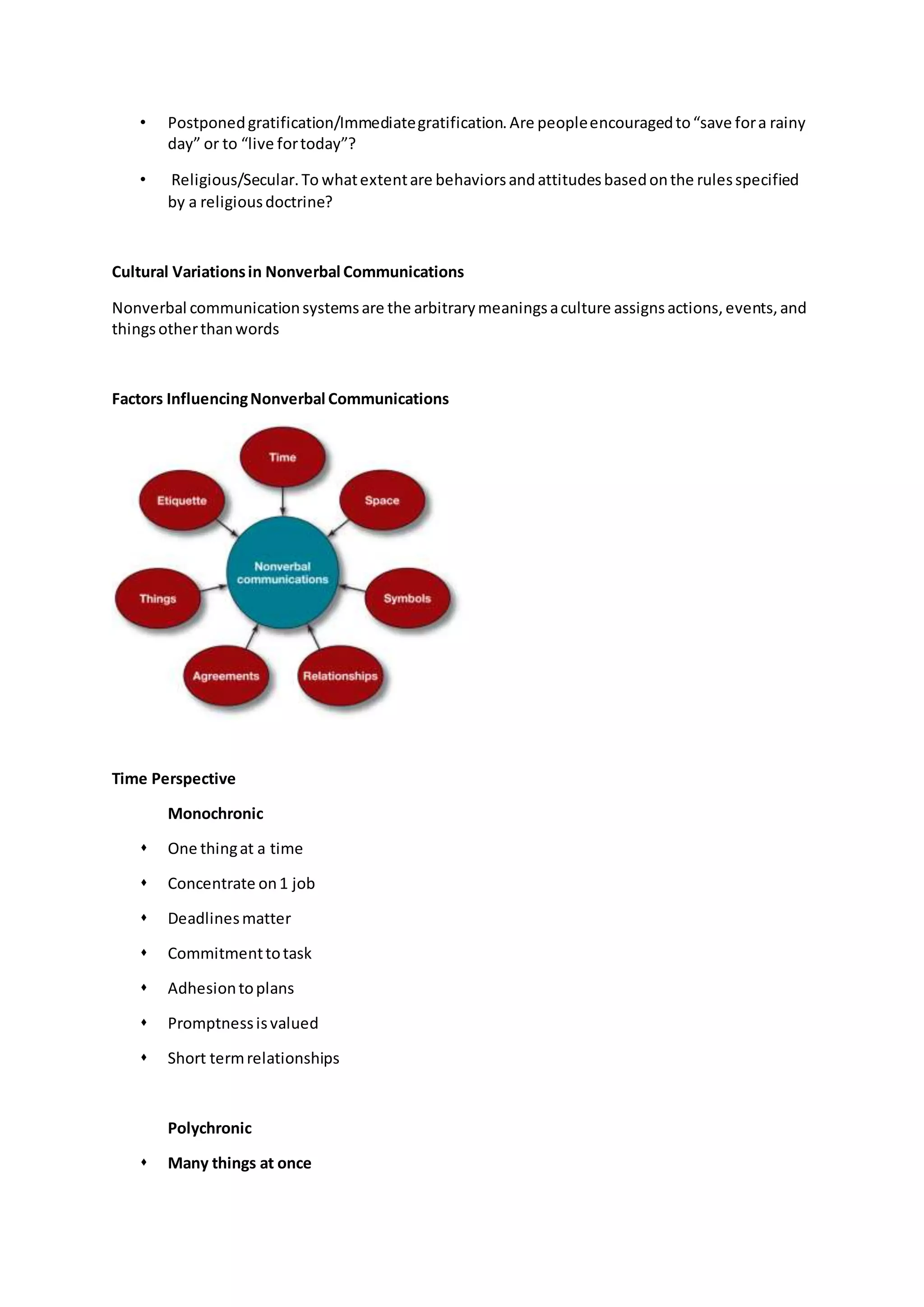 • Postponedgratification/Immediategratification.Are peopleencouragedto“save fora rainy
day” or to “live fortoday”?
• Religious/Secular.To whatextentare behaviorsandattitudesbasedonthe rulesspecified
by a religiousdoctrine?
Cultural Variationsin Nonverbal Communications
Nonverbal communicationsystemsare the arbitrarymeaningsaculture assignsactions,events,and
thingsotherthanwords
Factors InfluencingNonverbal Communications
Time Perspective
Monochronic
 One thingat a time
 Concentrate on1 job
 Deadlinesmatter
 Commitmenttotask
 Adhesiontoplans
 Promptnessisvalued
 Short termrelationships
Polychronic
 Many things at once
 