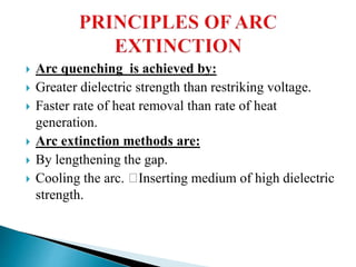  Arc quenching is achieved by:
 Greater dielectric strength than restriking voltage.
 Faster rate of heat removal than rate of heat
generation.
 Arc extinction methods are:
 By lengthening the gap.
 Cooling the arc. Inserting medium of high dielectric
strength.
 